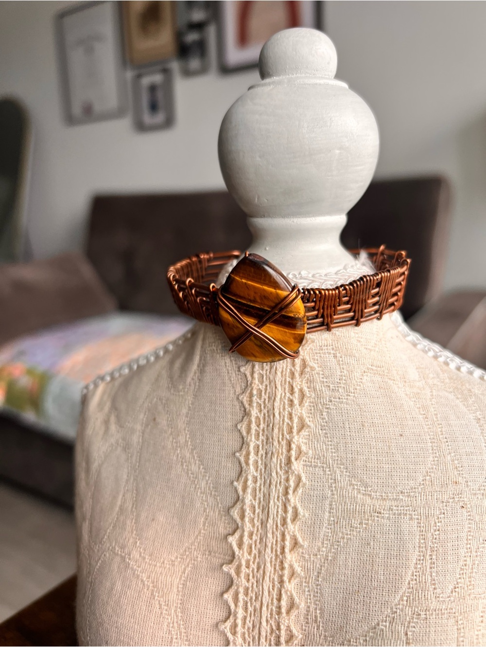 Handmade Copper Wire Bracelet with Tiger's Eye Accent